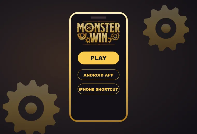 Phone with the MonsterWin casino lobby, Android app and iPhone shortcut buttons