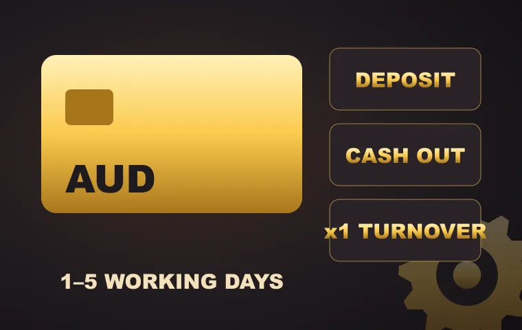Gold AUD card beside deposit, cash-out and x1 turnover buttons at MonsterWin casino
